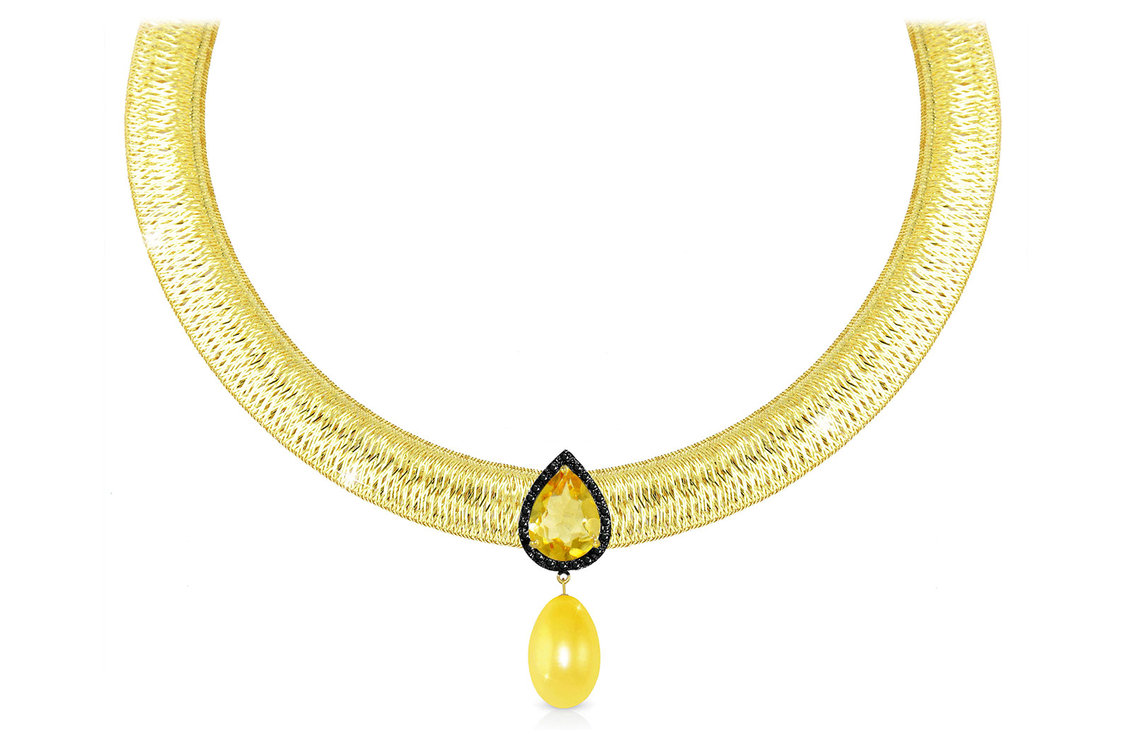 Vera Perla 18K Gold 0.12ct  Black Diamonds, Citrine and 13mm Golden Pearl  Necklace
